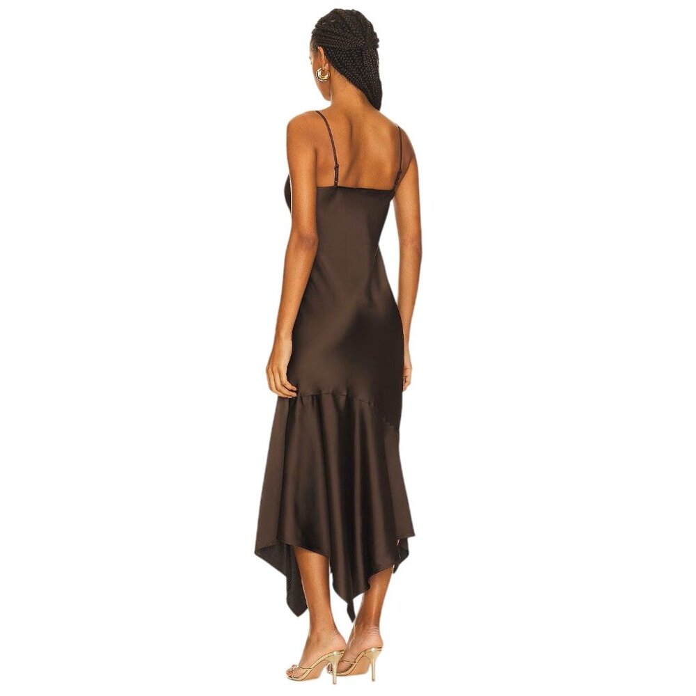 Steve Madden Brown Satin Asymmetric Slip Midi Dress - Picture 2 of 14